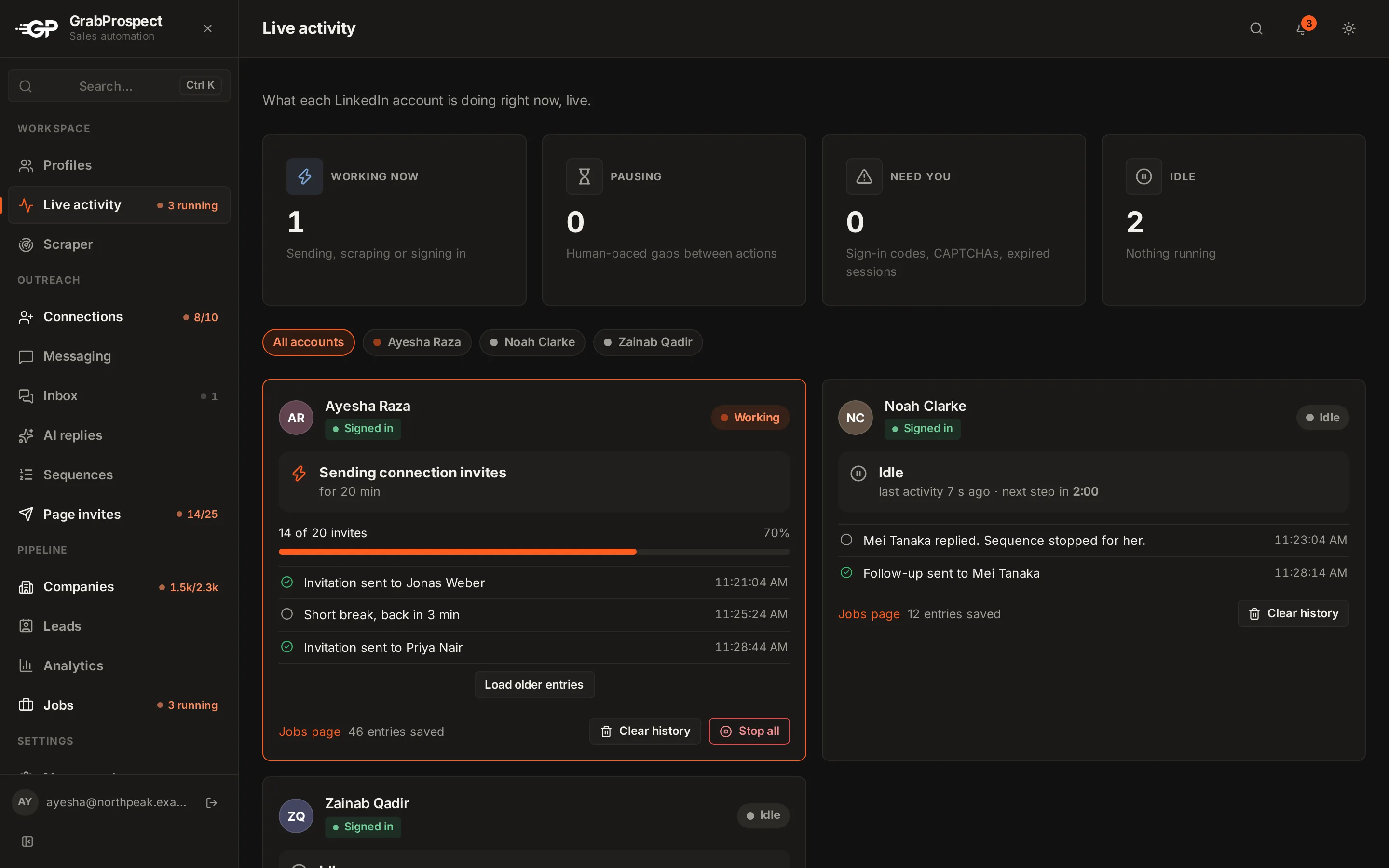 Live activity showing a LinkedIn account sending invites and follow-ups