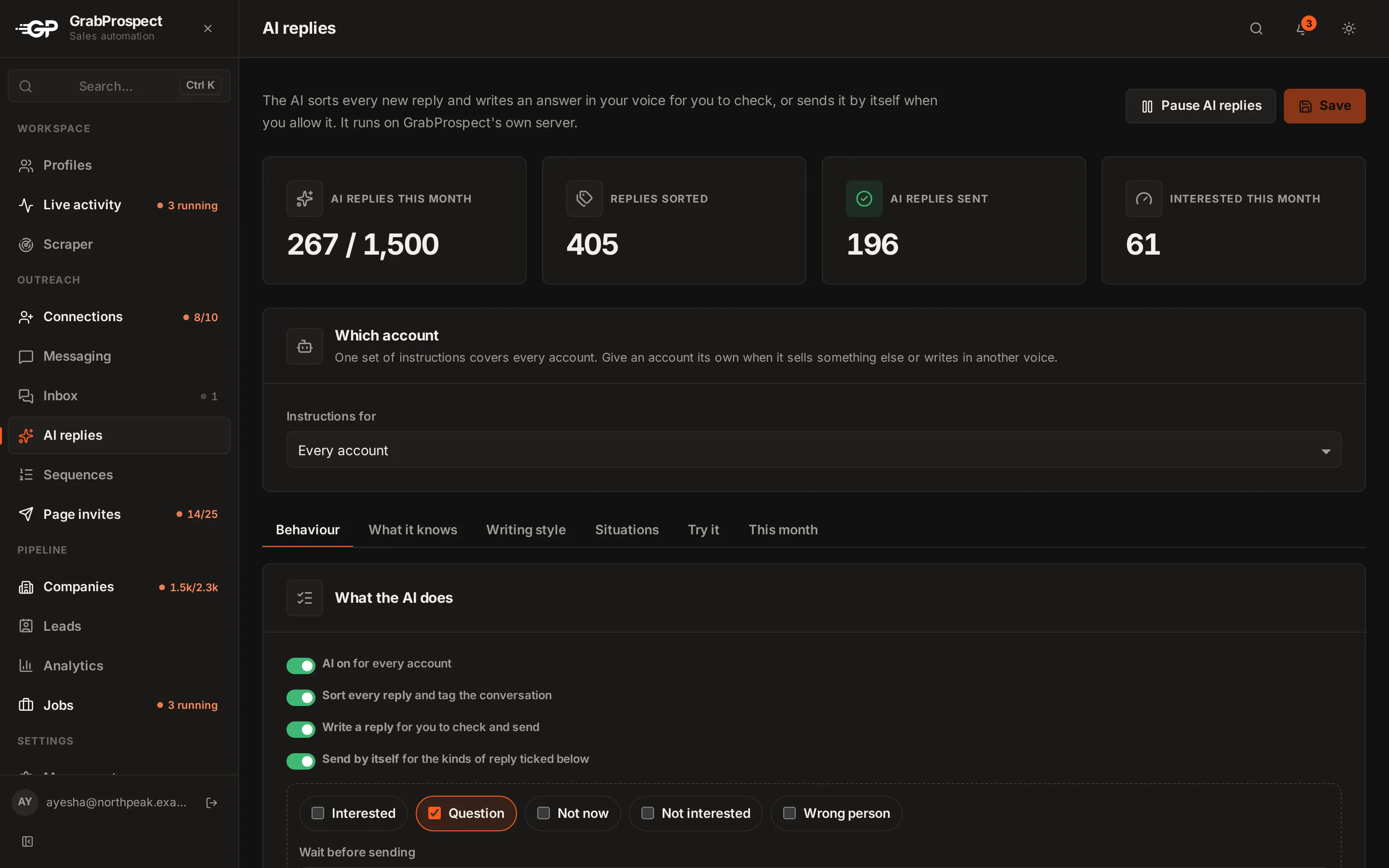 AI replies settings: what the AI knows about you, how it writes, and a Try it box that sorts a sample reply and drafts an answer