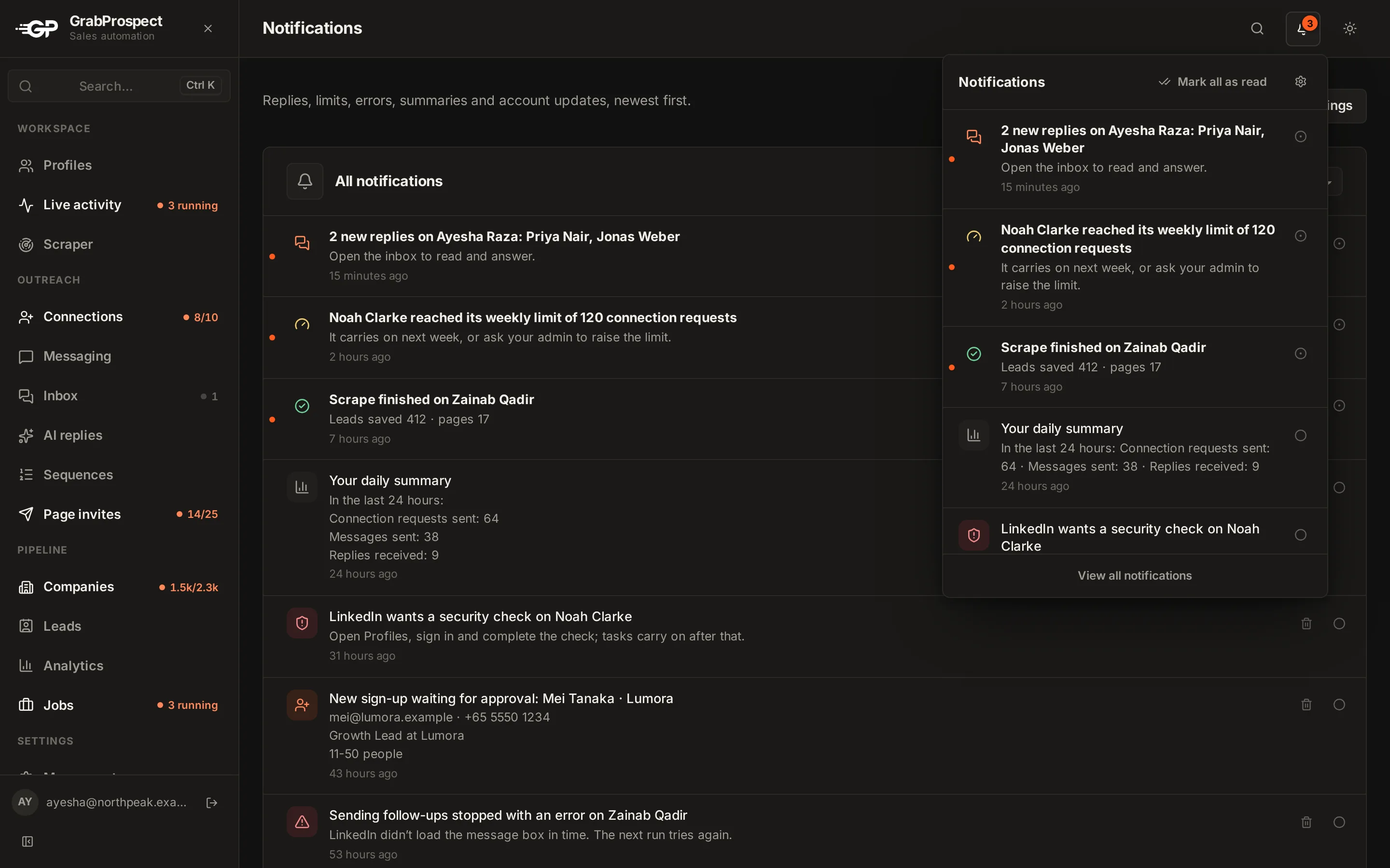 Notifications page with the bell open: new replies, a weekly connection limit reached, a finished scrape, a daily summary and a security check