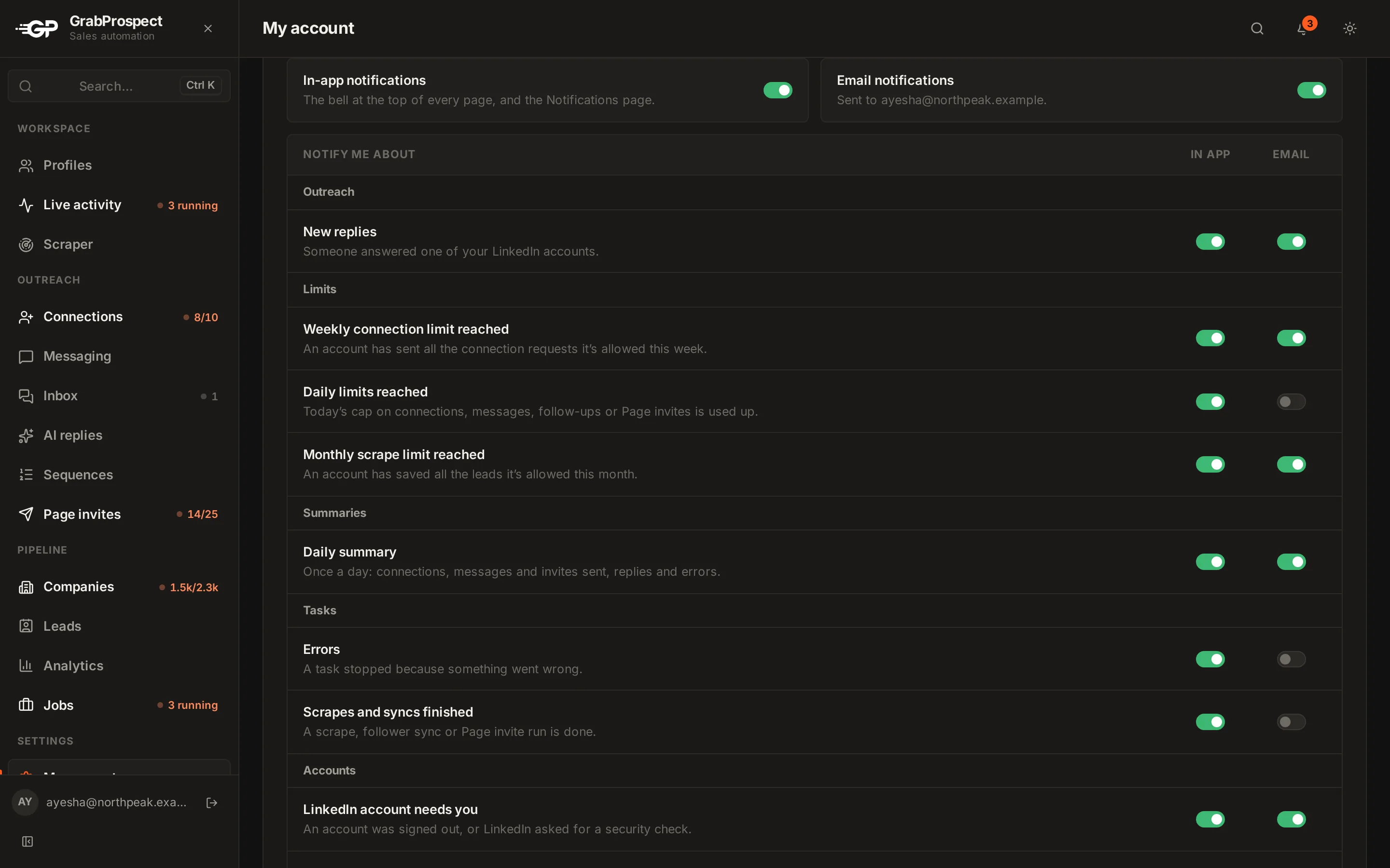 Notification settings: each type on or off, in the app and by email