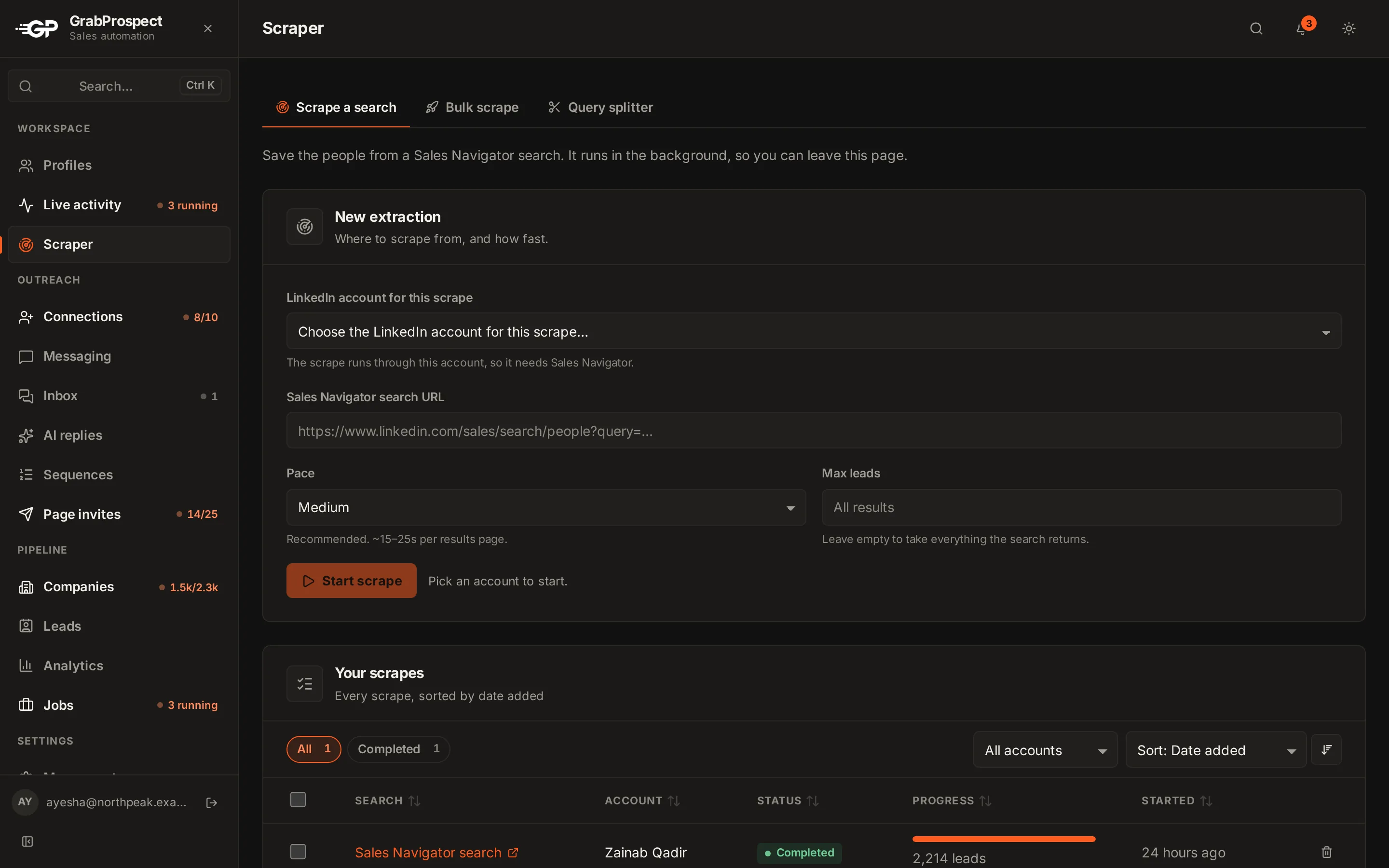 Scraper page with a Sales Navigator search being scraped, showing leads saved and the page it is on