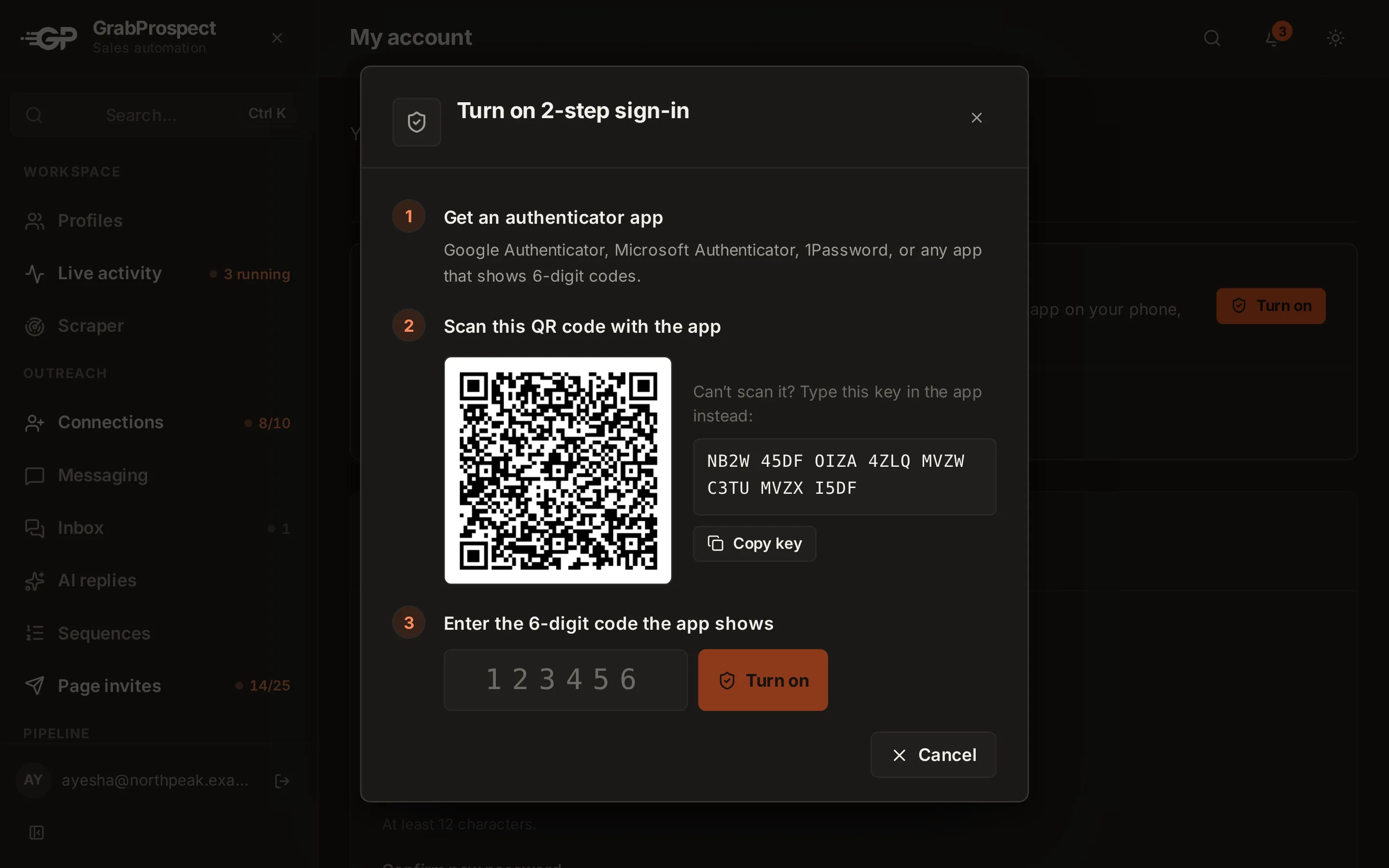 Turning on 2-step sign-in: three numbered steps with a QR code, a key to type instead and the 6-digit code box