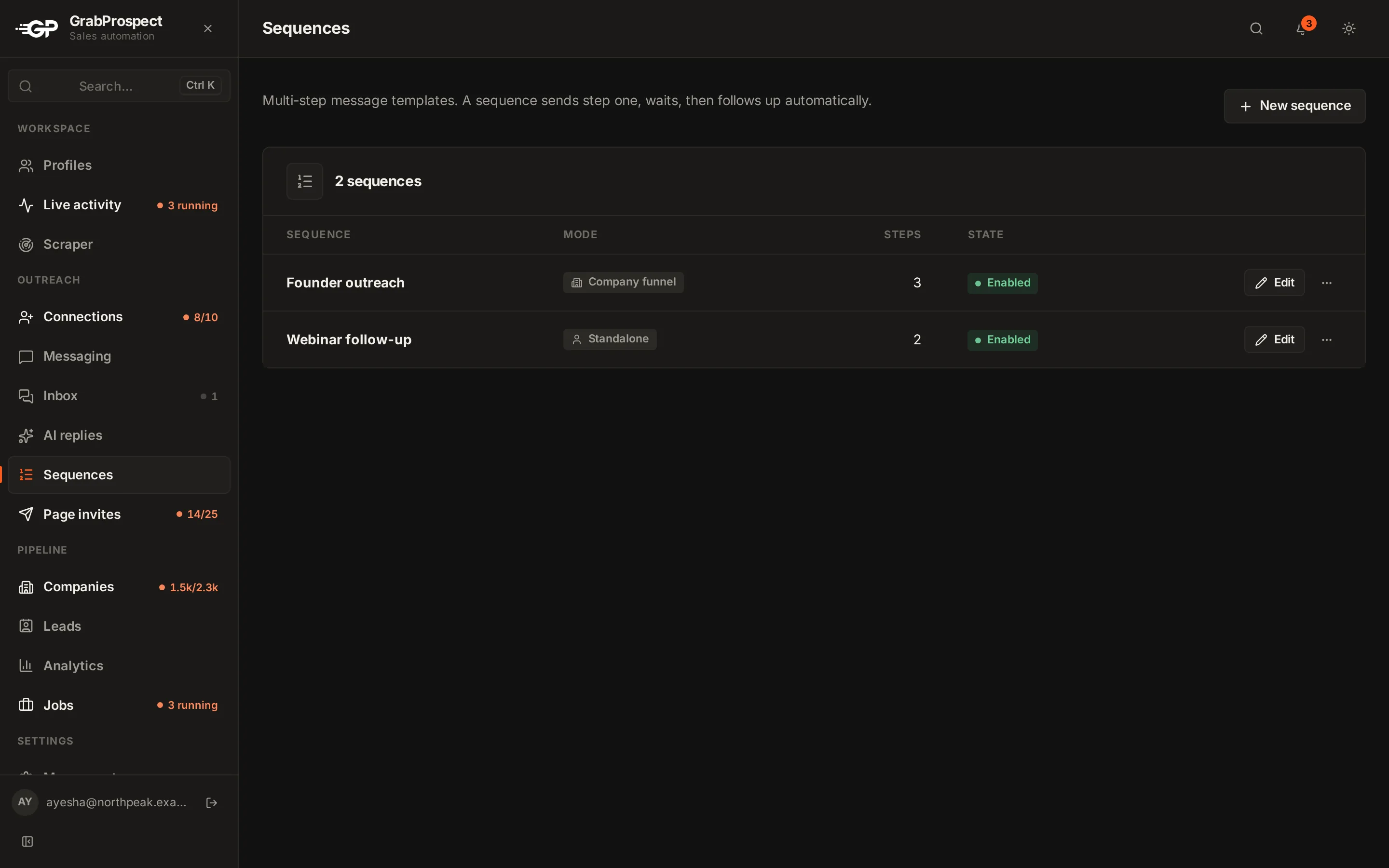 Sequences page listing two sequences with their mode, steps and status