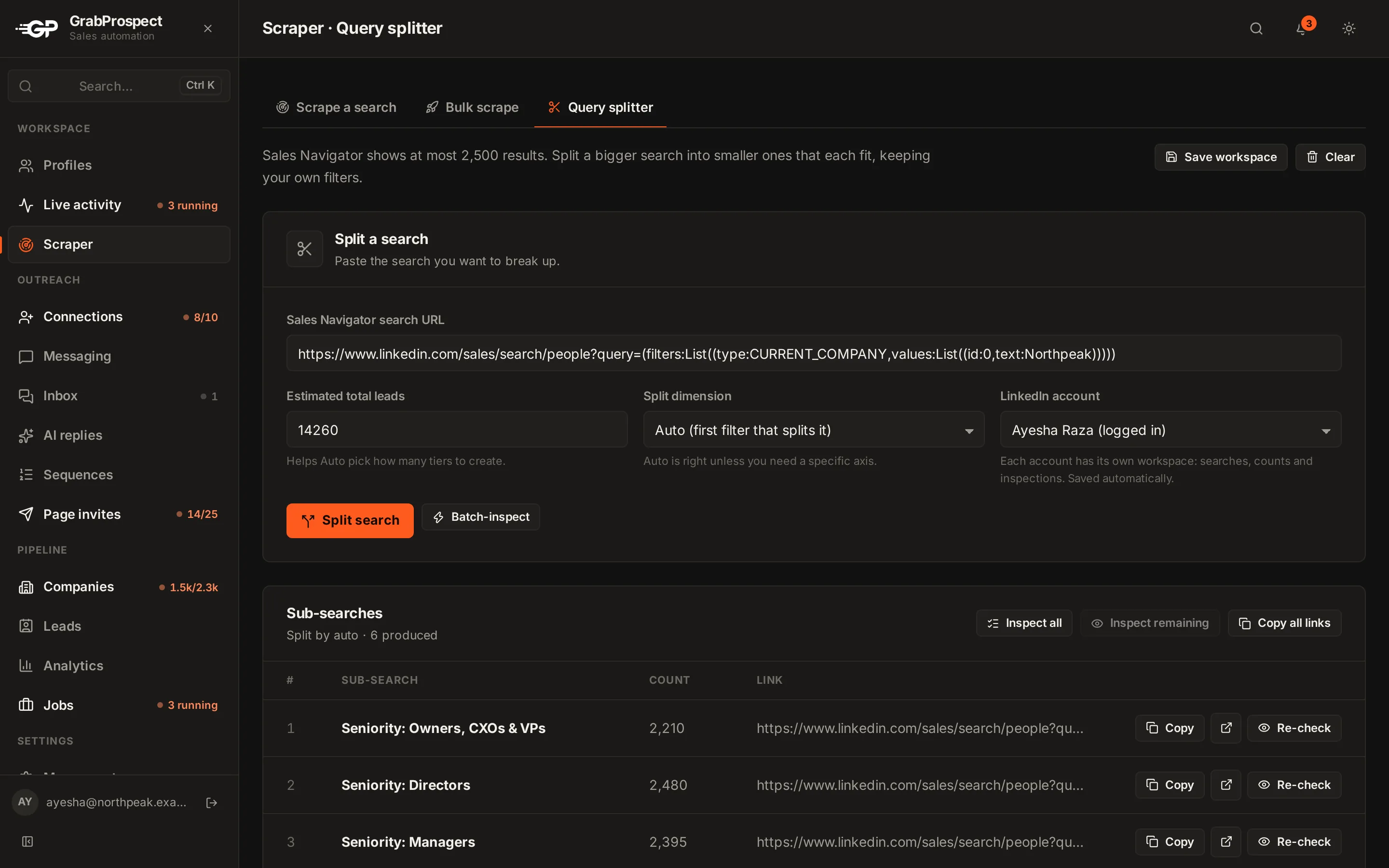 Query splitter dividing a 14,260-lead search into sub-searches by seniority, each with its live count